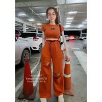 ราคา Google2 ชุดเซ็ตเสื้อครอปเทาแขนสั้น ปักอะไหล่เพชรmui กางเกงแต่งขาดเอวจีบเอวสูงเท่ๆ (20513755463)