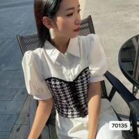 ราคา 卐 卍 Vogue พร้อมส่ง เสิ้อคอปกเชิ้ต ไหมพรมครึ่งตัว แขนสั้น ลายเรียบกับลายชิโนริ 70135 C 70136 FY70141 H (19888657917)