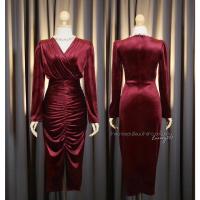 ราคา พร้อมส่ง LUXURY707 Velvet Dress กำมะหยี่แขนยาว กระโปรงทรงทิวลิปพรางหน้าท้อง LX0335 (13527509097)