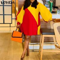 ราคา VONDA สีส้มชุดเดรส Midi สำหรับผู้หญิงสไตล์แฟชั่นแขนพอง ขนาดใหญ่พิเศษ (14275183017)