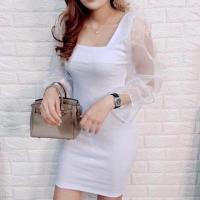 ราคา เดรสคอเหลี่ยมแต่งแขนผ้าแก้ว (15353351278)