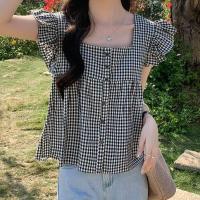 ราคา เสื้อแฟชั่นผู้หญิงเสื้อเชิ้ตลายสก๊อตเสื้อยืดผ้าฝ้ายแบบเรียลไทม์เสื้อแขนสั้นหลวมเปิดไหล่เสื้อแฟชั่น Missliu (18790901029)