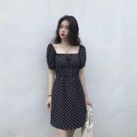 ราคา ส่งเร็ว Kaykai ชุดเดรสกระโปรง คอกว้าง ชุดเดรสแขนปัดไหล่ เอวจั๊ม ชุดกระโปรงลายจุด สไตล์เกาหลี DS028 (12478387140)