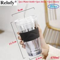 ราคา 450ml Large Capacity Lead Free Glass Straw Mug with Cup Sleeve and Lid Coffee Cup Juice Glass Cute Coffee Mugs Milk Cups Tea Cup for Home and Office Outdoor Drinkware (21107240866)