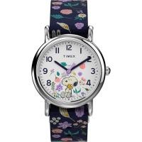 ราคา Timex Womens Watch Peanuts Weekender Casual Ladies Wristwatch Featuring Snoopy and Woodstock in a Floral Motif Silver Tone Case with Blue Fabric Strap 31mm (20364154576)