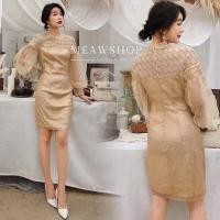 ราคา เดรสงานปักเลื่อม แขนยาว M 2XL เดรสสีทอง ชุดออกงาน ชุดไปงาน ชุดออกงานคุณแม่ งานป้าย THE CLASSIC (17785941784)