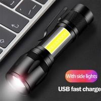 ราคา ต้นฉบับ1200 Lumens T6ไฟฉายกำลังสูงไฟฉาย LED USB ชาร์จได้มีแบตเตอรี่ในตัวแบบพกพา Mini COB LED ไฟฉายซูมได้ไฟฉายกันน้ำกลางแจ้ง พร้อมกล่อ (13499112199)