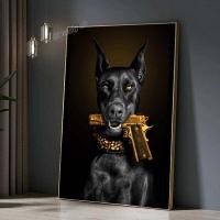 ราคา ศิลปะบนผนังสุนัขสุดหรูผ้าใบวาดภาพสุนัขพันธฺ์โดเบอร์แมนปืนสีทองภาพการพิมพ์โปสเตอร์จิตรกรรมฝาผนัง0706 (19641995690)