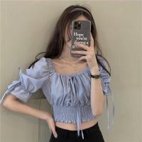 ราคา เสื้อเอวลอยเนคไทสี่เหลี่ยมทรงสูงสำหรับสตรีดีไซน์หน้าร้อนฉบับภาษาเกาหลีแฟชั่นแขนพองเสื้อยืดรัดเอวสูงของผู้หญิง (19331919755)