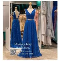 ราคา ชุดราตรียาวแขนกุด คอวี ชุดไปงานแต่งกลางคืน ชุดราตรีคนอ้วน สวย ผอม หรู PF068 DBL น้ำเงิน dressy day (8821798081)