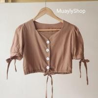 ราคา MuaylyShop เสื้อผูกเอวกระดุมหน้าโบว์แขน2 ข้าง เสื้อครอป เสื้อผ้าฝ้ายใส่สบาย (17395419014)