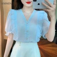 ราคา AMMIN เสื้อชีฟองเกาหลีแขนพองระบายคอวีใหม่ฤดูร้อนเสื้อผ้าชีฟองลูกไม้แฟชั่นแขนสั้นของผู้หญิง (18047149905)