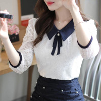 ราคา เสื้อเบลาส์ผู้หญิงเสื้อท่อนบนลายลูกไม้แฟชั่นเสื้อยาวสีขาวอารมณ์แขน3 4คอตุ๊กตาเสื้อผู้หญิงขนาดพิเศษ (18926661330)