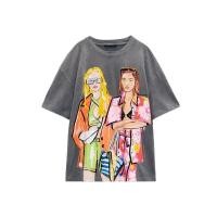 ราคา Zara5 9เสื้อยืดรอบคอหลวมผ้าฝ้ายพิมพ์ลายผู้หญิงย้อนยุคเสื้อยืดฟอกสี1131812 (20145579476)