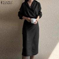 ราคา Stock Women Long Sleeve V Neck Wrap Dress Plain Office Lady Midi Shirt Dresses Popular (20904931582)