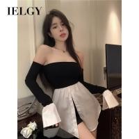 ราคา IELGY เสื้อยืดเปิดไหล่ข้างเดียวสีดำและสีขาวเสื้อเปิดไหล่งานปะแขนยาวเข้ารูปของผู้หญิง (20826723738)