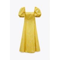 ราคา ZARA8338801 2436320ใหม่ฤดูร้อนคอสี่เหลี่ยมอารมณ์แขนพัฟสีเหลืองผ้าปอปลินสำหรับผู้หญิงชุดเดรสปักลาย (20504984555)