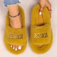 ราคา Womens Slippers Fluffy Flip Flops Furry Slides Slippers Alloy Letter JESSICA Decor Hollow Flat Faux Fur Sandals Decor Platform (13614157939)