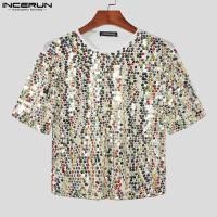 ราคา เสื้อยืดตาข่ายซีทรูเลื่อมแวววาวผู้ชายแขนสั้น INCERUN สไตล์ตะวันตก 9449 (20313122764)