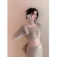 ราคา ชุดเดรสไหมพรมขนมิงค์แท้สำหรับผู้หญิงเสื้อถักตัวสั้นสไตล์สาวแซ่บสไตล์ชิวๆเดรสยาวรัดสะโพกมีสายรัด (20714480639)