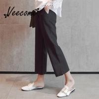 ราคา Veecome กางเกงขาบานเอวสูงสำหรับผู้หญิงกางเกงเอวสูงกางเกงผ้าลินินหลวม (20353763034)