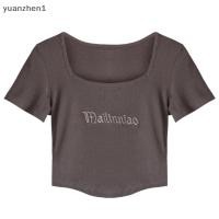 ราคา HOT Crop Top T shirt Short Sleeves Square Neck Embroidered Letters Summer Fashion For Women ZHN (20978990183)