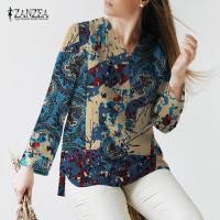 ราคา Stock Womens Cotton Linen V Neck Split Blouse Vintage Printed Long Sleeve Tops 12 Popular (20905218769)