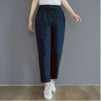 ราคา Plus Size Womens Elastic Waist Casual Spring Summer Black Blue Pants Solid Color Slim Cotton Linen Trousers (20846271115)