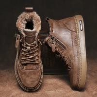 ราคา Mens Leather Boots 2023 Winter Platform Warm Fur Ankle Boots Short Lace Up Fashion New Casual Shoes for Men Working Botas (20744589608)