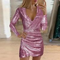 ราคา Sequin ruched metallic bodycon dress evening party gown mini dresses V neck long sleeve wrap hip dress vestidos (20887618489)
