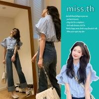 ราคา เสื้อเชิ้ตแขนสั้น ผ้าชีฟอง ลายสก๊อต สีฟ้า สไตล์ฝรั่งเศส (20784803325)