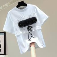 ราคา เสื้อยืดแขนสั้นแต่งโบว์ติดเพชรเสื้อทรงหลวม2023เวอร์ชันเกาหลีฤดูร้อนงานปะดอกไม้เสื้อคอกลมตัดกัน (19285665740)