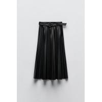 ราคา New DATA Zaraˉautumn And Winter New Womens Clothing Black High Waist Faux Leather Midi Pleated Skirt 3046331 800 (20799916545)