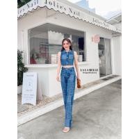ราคา LALA BELLE LLB047 ชุดเซตยีนส์ลายชิโนริ 2 ชิ้น เสื้อคอปกกระดุมหน้าแขนกุด แมทช์กับ กางเกงขายาวเอวสูง (20543884750)