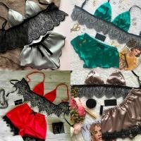 ราคา Sweetboxe ผู้หญิง2PCSลูกไม้ผ้าซาตินผ้าไหมชุดชุดนอนBra กางเกงขาสั้นชุดนอนหญิงฤดูร้อนVคอคอแขนกุดเสื้อผ้า (6511210952)