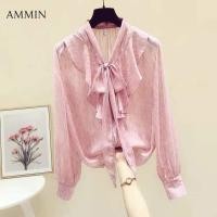 ราคา AMMIN Hanmu เสื้อเชิ้ตผ้าชีฟองสำหรับผู้หญิงเสื้อแขนยาวลายดอกไม้ทรงหลวมหรูหราแฟชั่นมีโบว์สีชมพู (12901655309)