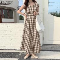ราคา Stock Korean Style Womens Summer Short Sleeve V Neck A Line Long Dress Check Plaid Midi Dresses Popular (20905357627)
