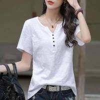 ราคา เสื้อเชิ้ตผ้าฝ้าย100 สำหรับผู้หญิงเสื้อยืดแขนสามส่วนทรงหลวมเสื้อบอททอมสีพื้น (11117016938)