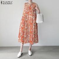 ราคา ZANZEA เดรสซันเดรสทรงเอไลน์คอกลมแขนกุดชุดเดรสพิมพ์ลายลายขนนกหลวมเรียบง่ายของผู้หญิง 7 (19552144030)