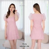 ราคา S XL มินิเดรสผ้าปักลายลูกไม้ คอเหลี่ยม แขนตุ๊กตาซีทรู สีชมพู MB4087 ICANDIDSHOP (19374424736)