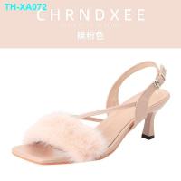 ราคา Pink plush high heeled shoes sweet word buckle belt fairy style new net red temperament socialite sandals (19398294961)
