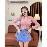 ราคา Korean เสื้อครอปคอปกแขนยาว แต่งกระดุมหน้า เป็นงานผ้าไหมพรมใส่สบาย ไม่หนา (17440873042)