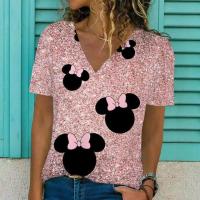 ราคา New Women 3D Disney Minnie Mickey Mouse Print T Shirt Summer Short Sleeve V Neck Loose Tops Casual Vintage Female Tee Size S 5XL (20495464449)
