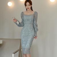 ราคา เดรสมิดิเอวสูงรัดรูปแขนยาวผ้าลูกไม้ทรงสี่เหลี่ยมลูกไม้เกาหลีสวยงามแฟชั่นการแสดงผล (20790477484)