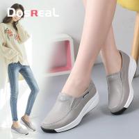 ราคา DOSREAL Women Wedges Loafers On Sale Korean Style Leather Slip On Shoes Flats Platfrom For Women Rubber Wedge Sneakers Ladies Walking Shoes Comfy Thick Bottom (16488705200)
