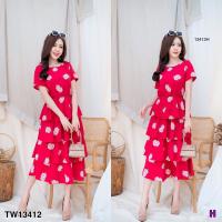 ราคา TW13412 แม็กซี่เดรสทรงขรมชั้น แขนสั้น ผ้าพิมพ์ลายดอกกุหลาบ Short sleeve maxi dress in rose print fabric (3796400141)