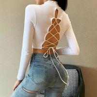 ราคา เซ็กซี่สั้นเปิดสะดือแขนยาวเสื้อยืดสตรีเปิดหลังผูกรอบคอด้านบน (16578111693)