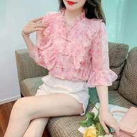 ราคา เสื้อเชิ้ตผ้าชีฟองลายดอกไม้คอวีแขนสั้นแฟชั่นสำหรับผู้หญิงเสื้อชีฟองลายดอกไม้คอวีแบบใหม่2023 (18669403600)