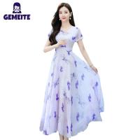 ราคา GEMEITE Fast Delivery Women Summer Short Sleeves Dress Elegant Floral Printing Round Neck Midi Skirt High Waist A line Skirt (20771145555)