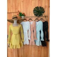 ราคา เดรสญาญ่าผ้าชีฟองคอเหลี่ยมระบายชายแขนจั๊ม (20691870501)